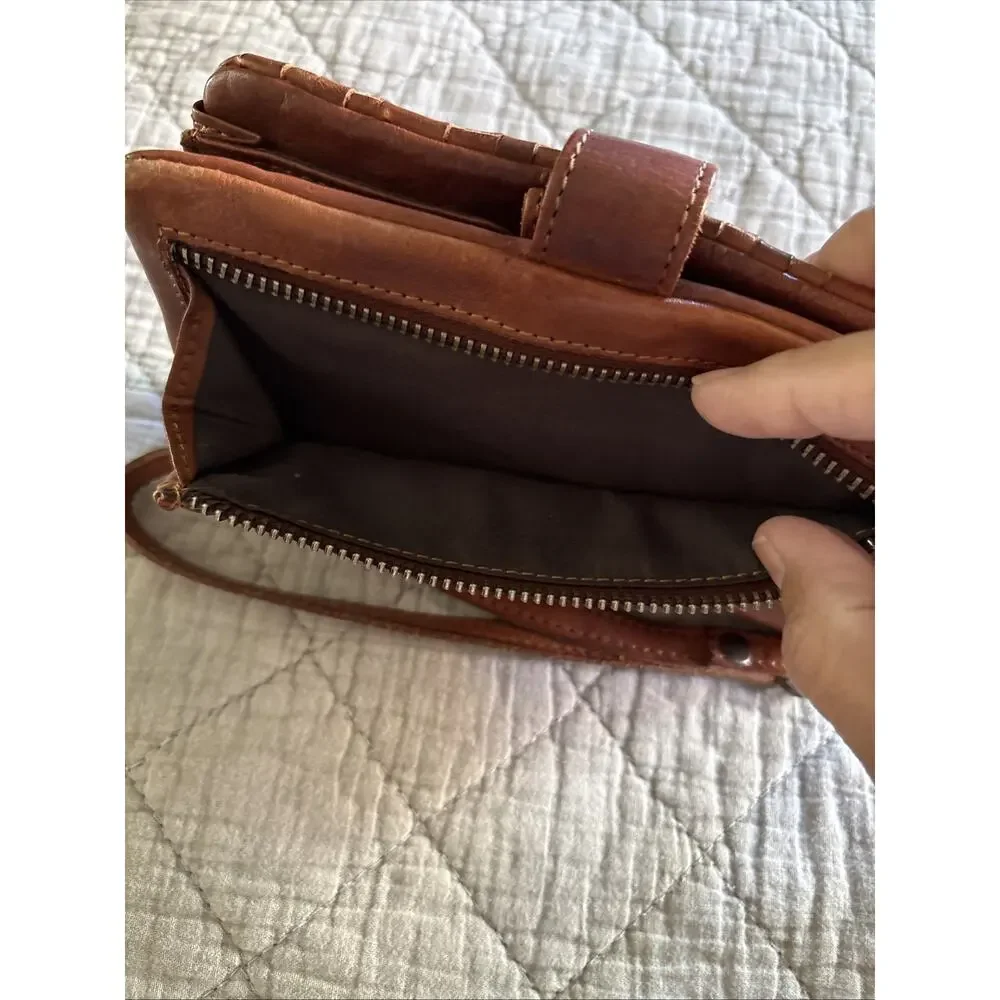 Vilenca Holland Wallet Brown Cognac Leather Woven Soft Slot Basketweave Wristlet